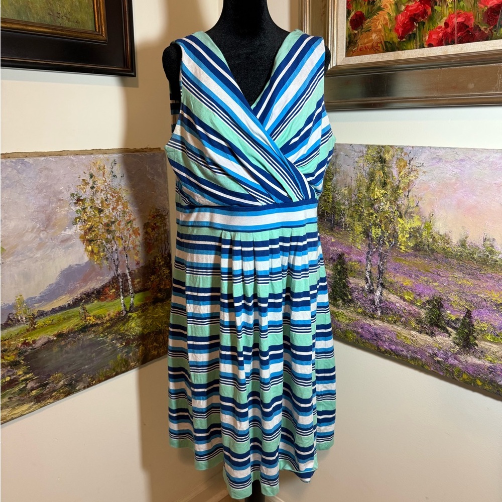 🐠 Lands' End Vibrant Blue and Green Striped Midi Dress size XL